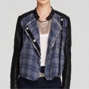 FREE PEOPLE VEGAN LEATHER PLAID MOTO JACKET